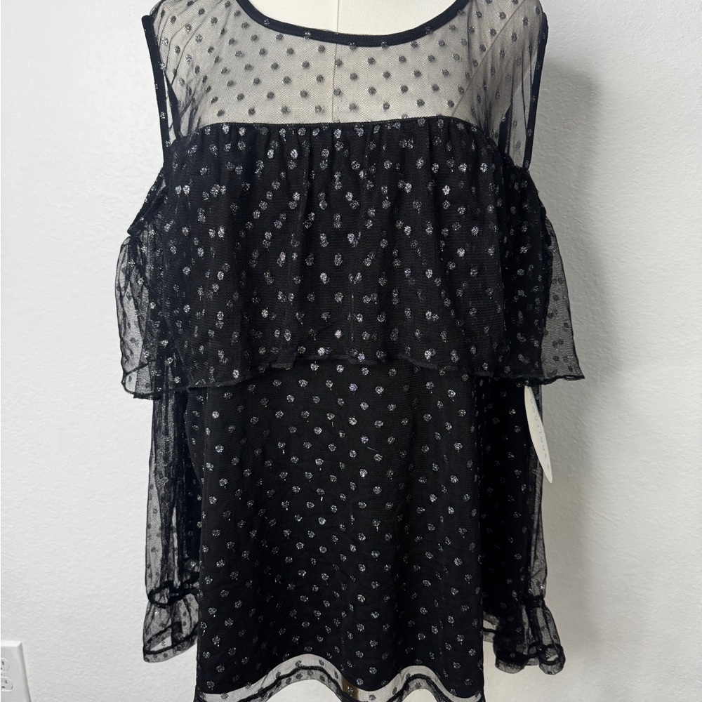 NWT 2XL Chic Black Sheer Polka Dot Women's Blouse Cold Shoulder by Boutique+